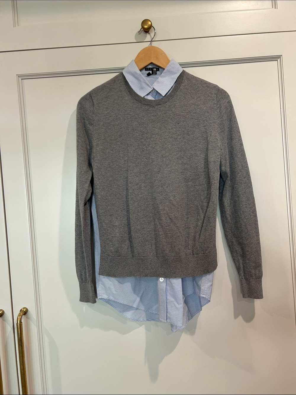 Theory Gray Layered Crewneck Sweater with Shirt Hem